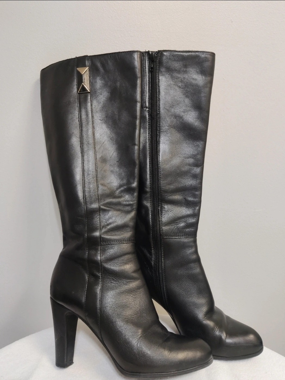 Alfani Black Leather Mid-Calf Heeled Boots with Gold Pyramid Accent